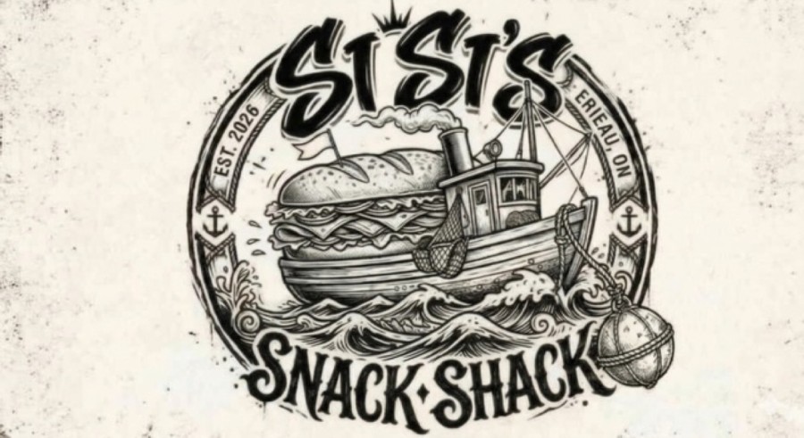 Sisi's Snack Shack — a hand-drawn crest with a sandwich-shaped boat on waves, reading "Est. 2026 · Erieau, ON"